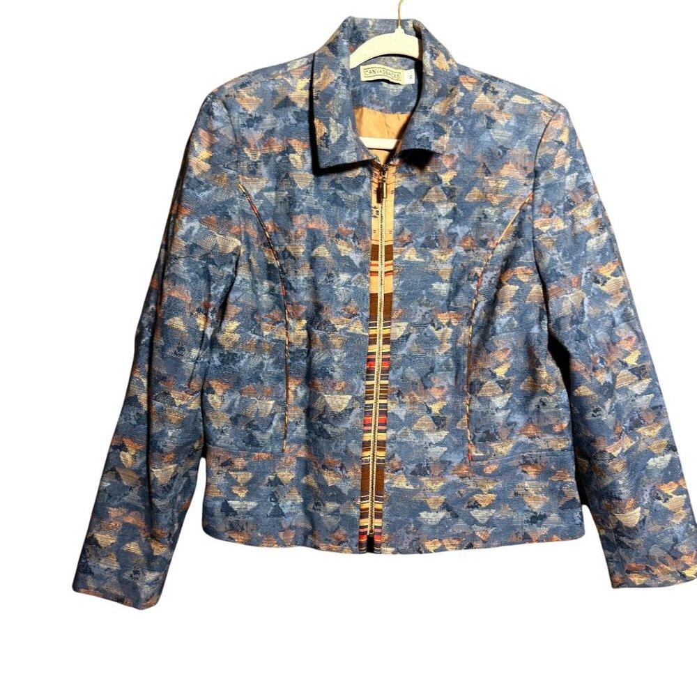 Vintage Canvasbacks Abstract Geometric Print Full Zip Jacket Womens SZ XL Blue